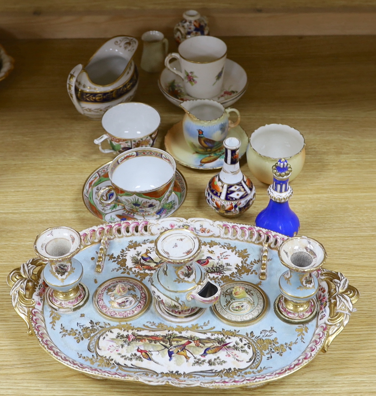 An English porcelain desk stand, c.1825, together with other porcelain including Locke & Co, Worcester saucer, jug and bowl, largest 39cm wide